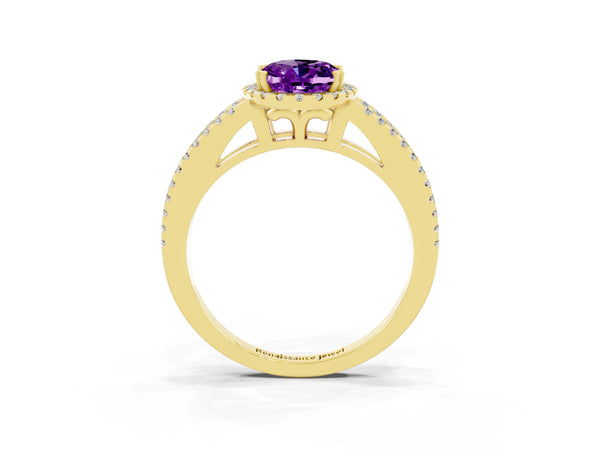 Yellow gold Oval Cut Amethyst Halo Split Shank Engagement Ring