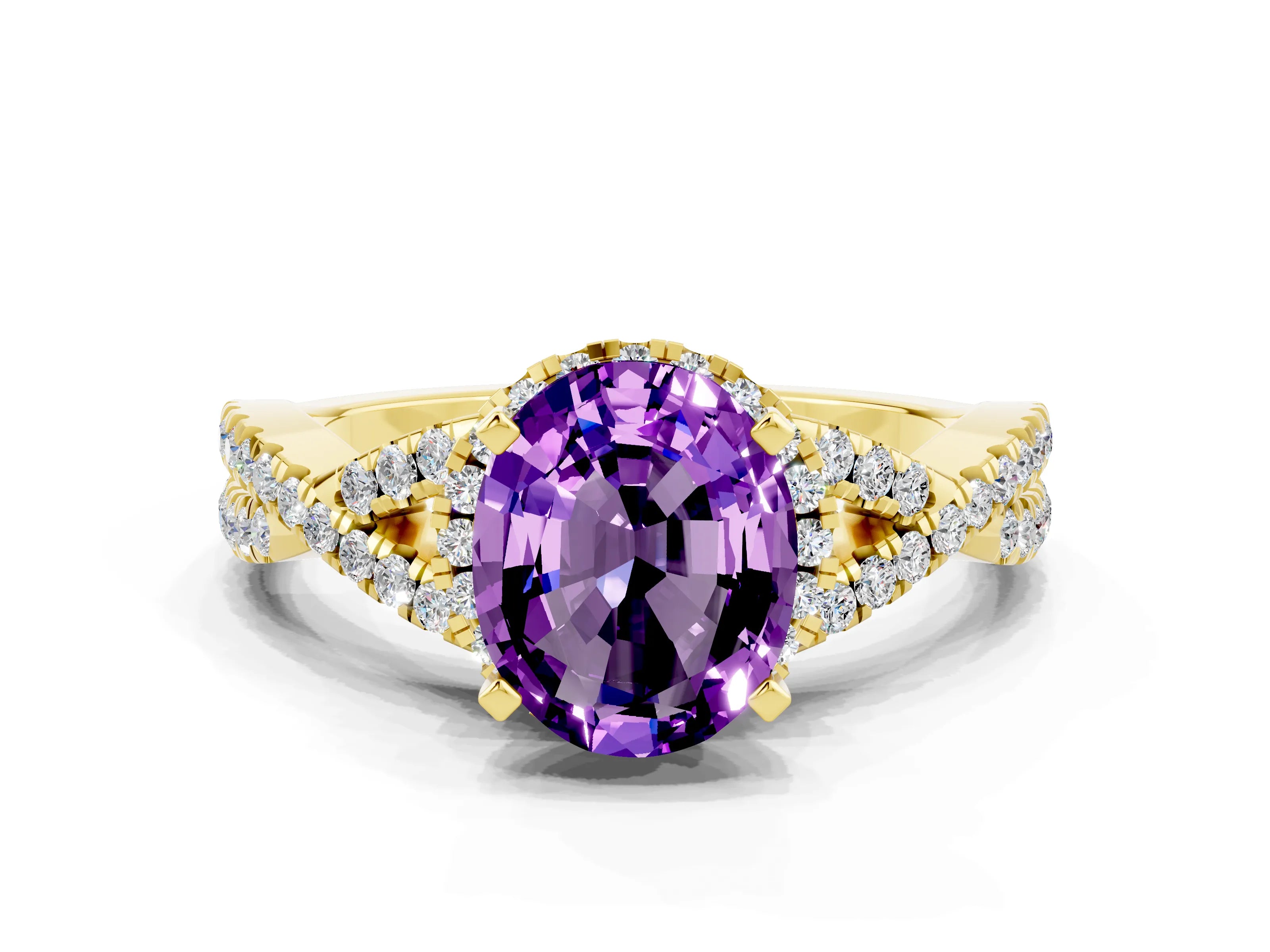 Yellow gold Oval Cut Amethyst Halo Twist Band Solitaire Prong Setting Ring