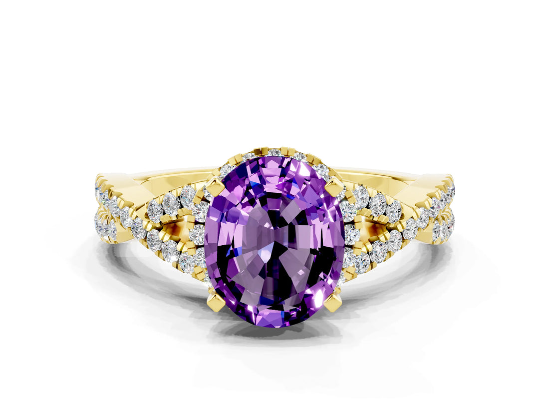 Yellow gold Oval Cut Amethyst Halo Twist Band Solitaire Prong Setting Ring