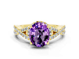 Yellow gold Oval Cut Amethyst Halo Twist Band Solitaire Prong Setting Ring