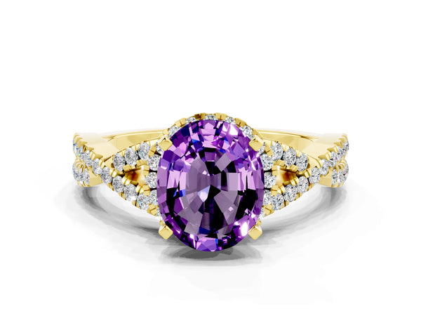 Yellow gold Oval Cut Amethyst  Halo Twist Band Solitaire Prong Setting Ring
