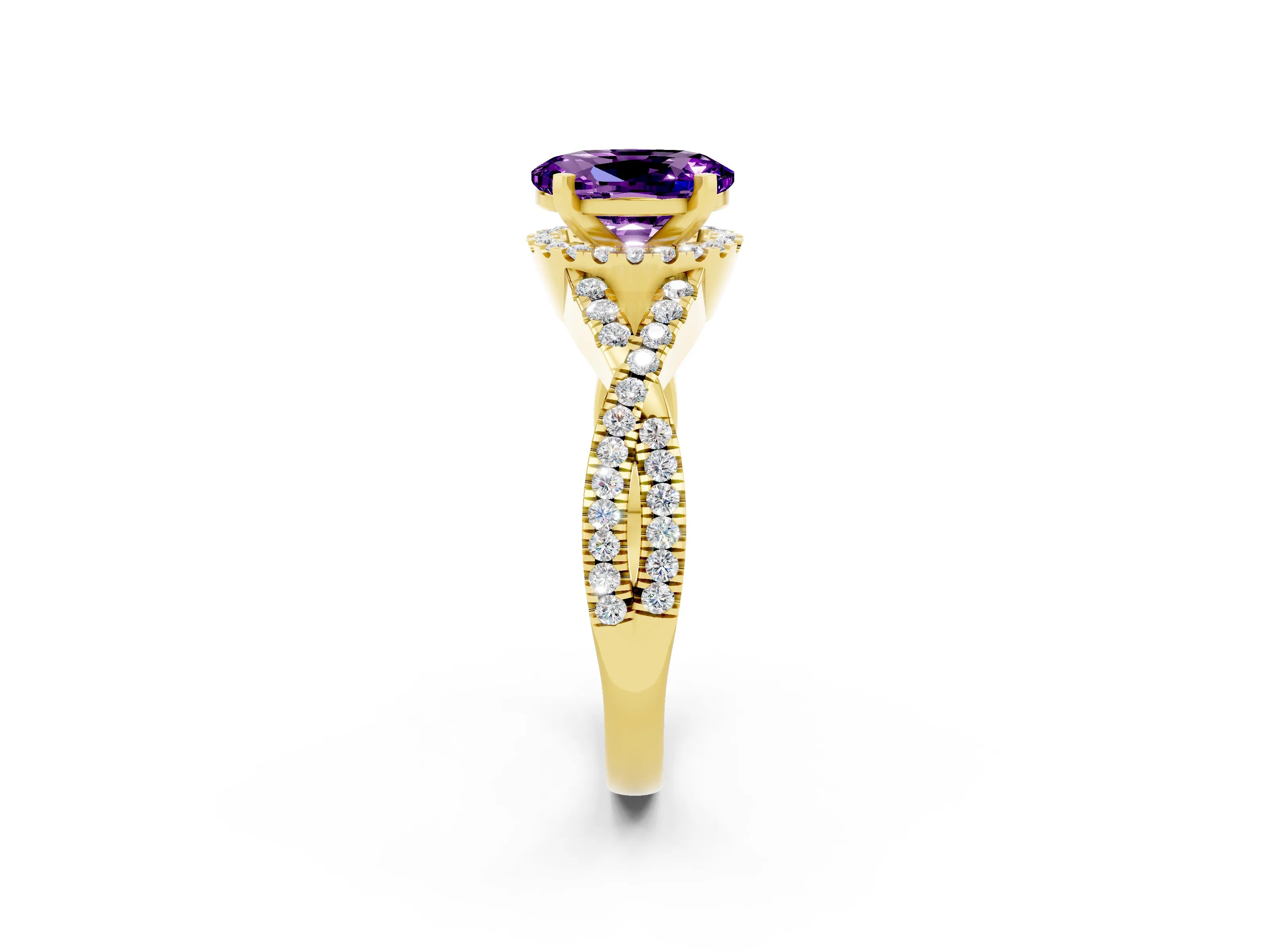 Yellow gold Oval Cut Amethyst Halo Twist Band Solitaire Prong Setting Ring_2