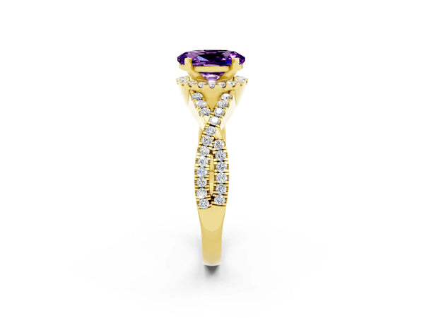 Yellow gold Oval Cut Amethyst  Halo Twist Band Solitaire Prong Setting Ring