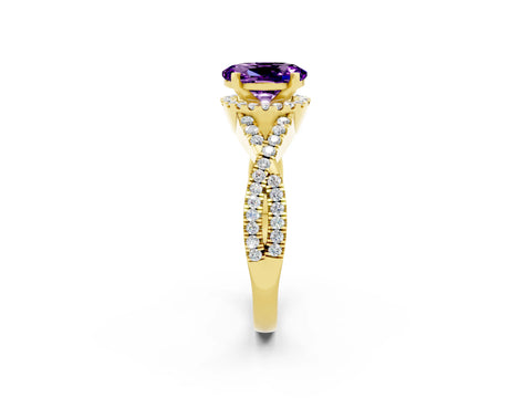 Yellow gold Oval Cut Amethyst Halo Twist Band Solitaire Prong Setting Ring_2