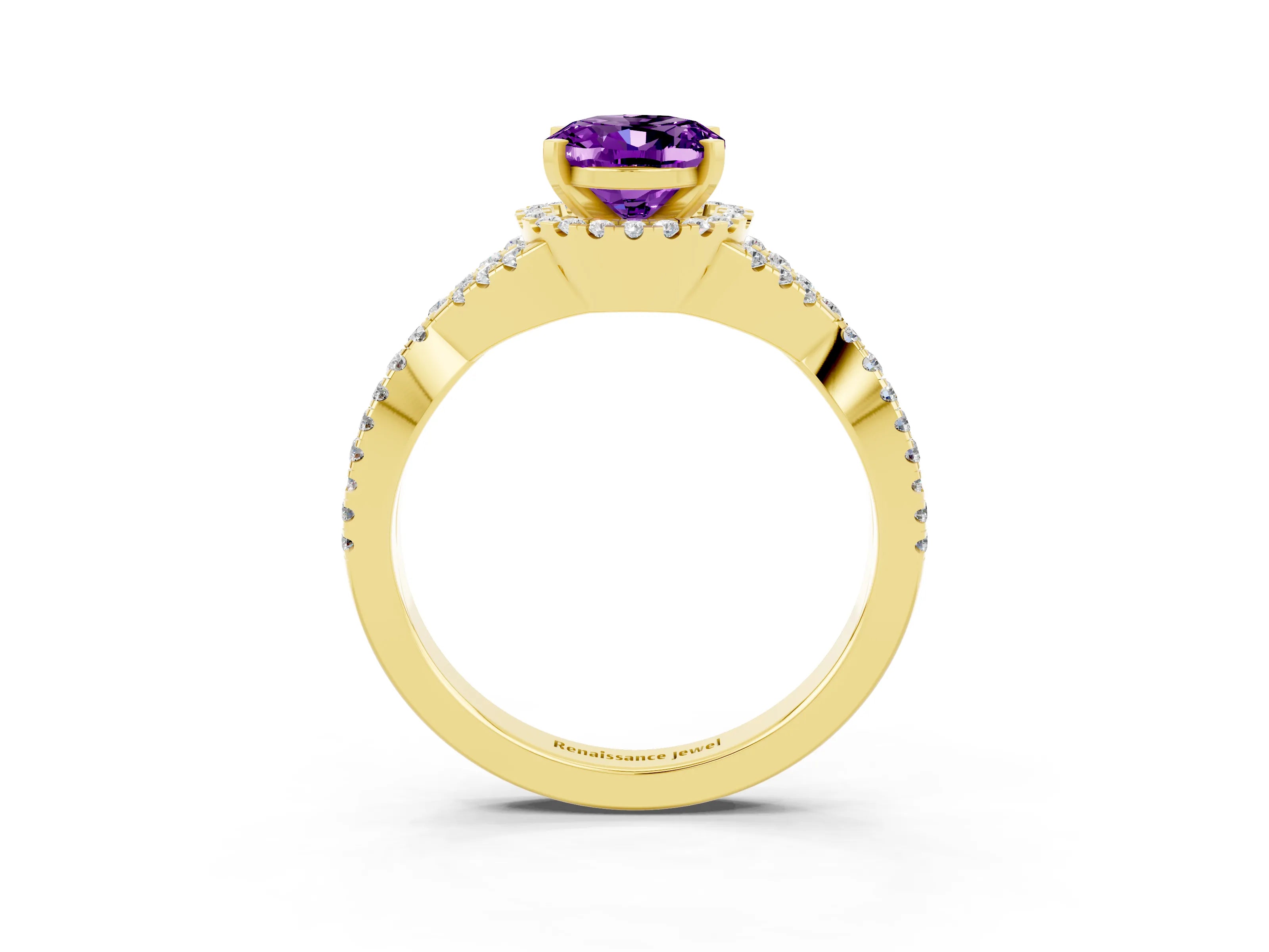 Yellow gold Oval Cut Amethyst Halo Twist Band Solitaire Prong Setting Ring_3