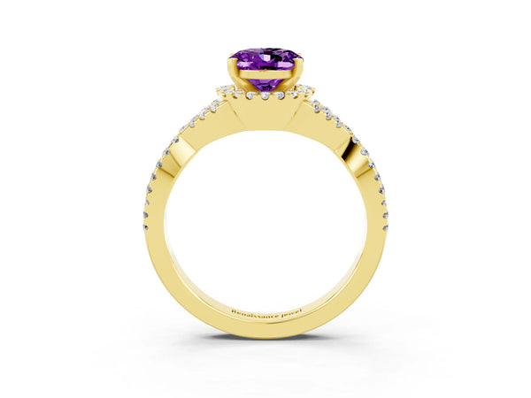 Yellow gold Oval Cut Amethyst  Halo Twist Band Solitaire Prong Setting Ring