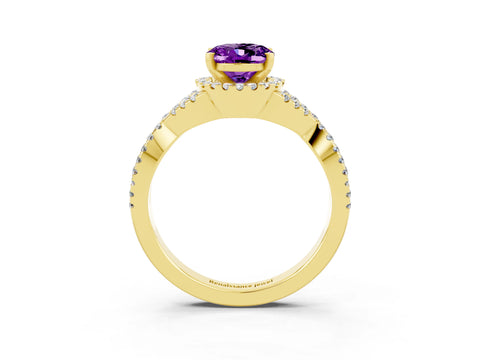 Yellow gold Oval Cut Amethyst Halo Twist Band Solitaire Prong Setting Ring_3