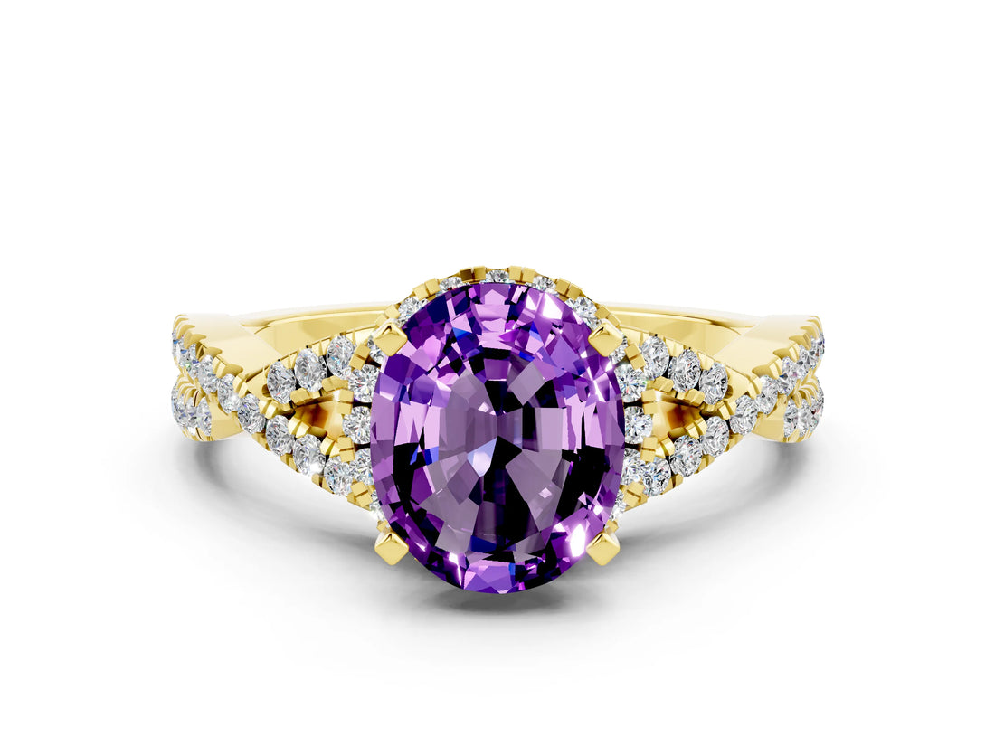 Yellow gold Oval Cut Amethyst  Halo Twist Band Solitaire Prong Setting Ring_42