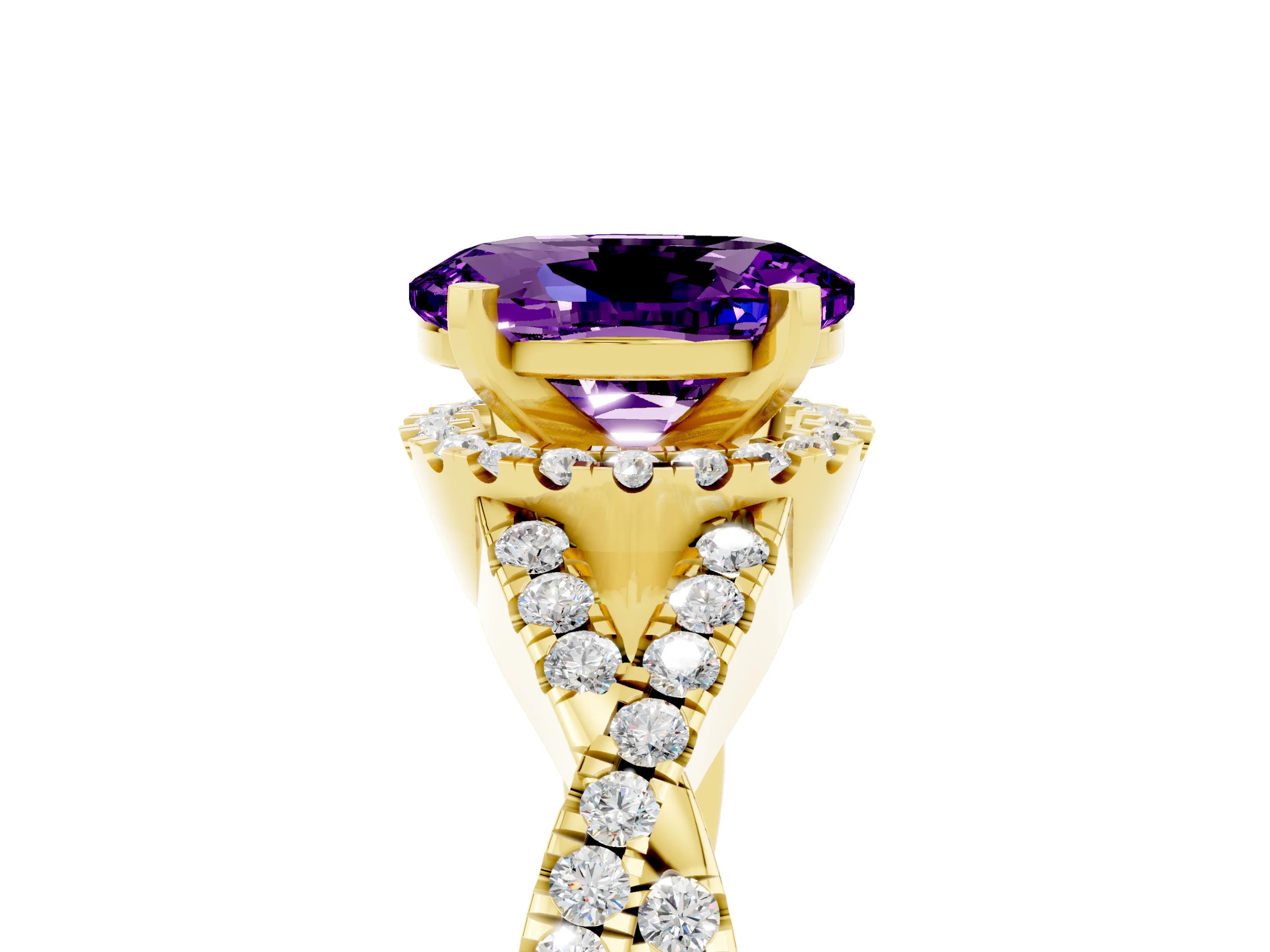 Yellow gold Oval Cut Amethyst Halo Twist Band Solitaire Prong Setting Ring_5