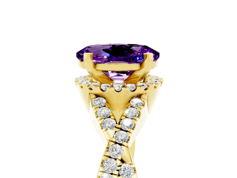 Yellow gold Oval Cut Amethyst Halo Twist Band Solitaire Prong Setting Ring_5