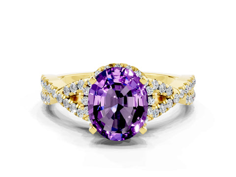 Yellow gold Oval Cut Amethyst Halo Twist Band Solitaire Prong Setting Ring