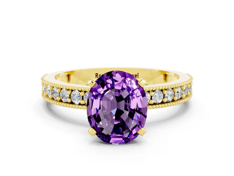 Yellow gold Oval Cut Amethyst Milgrain Pavé Engagement Ring with Four-Prong Setting_12