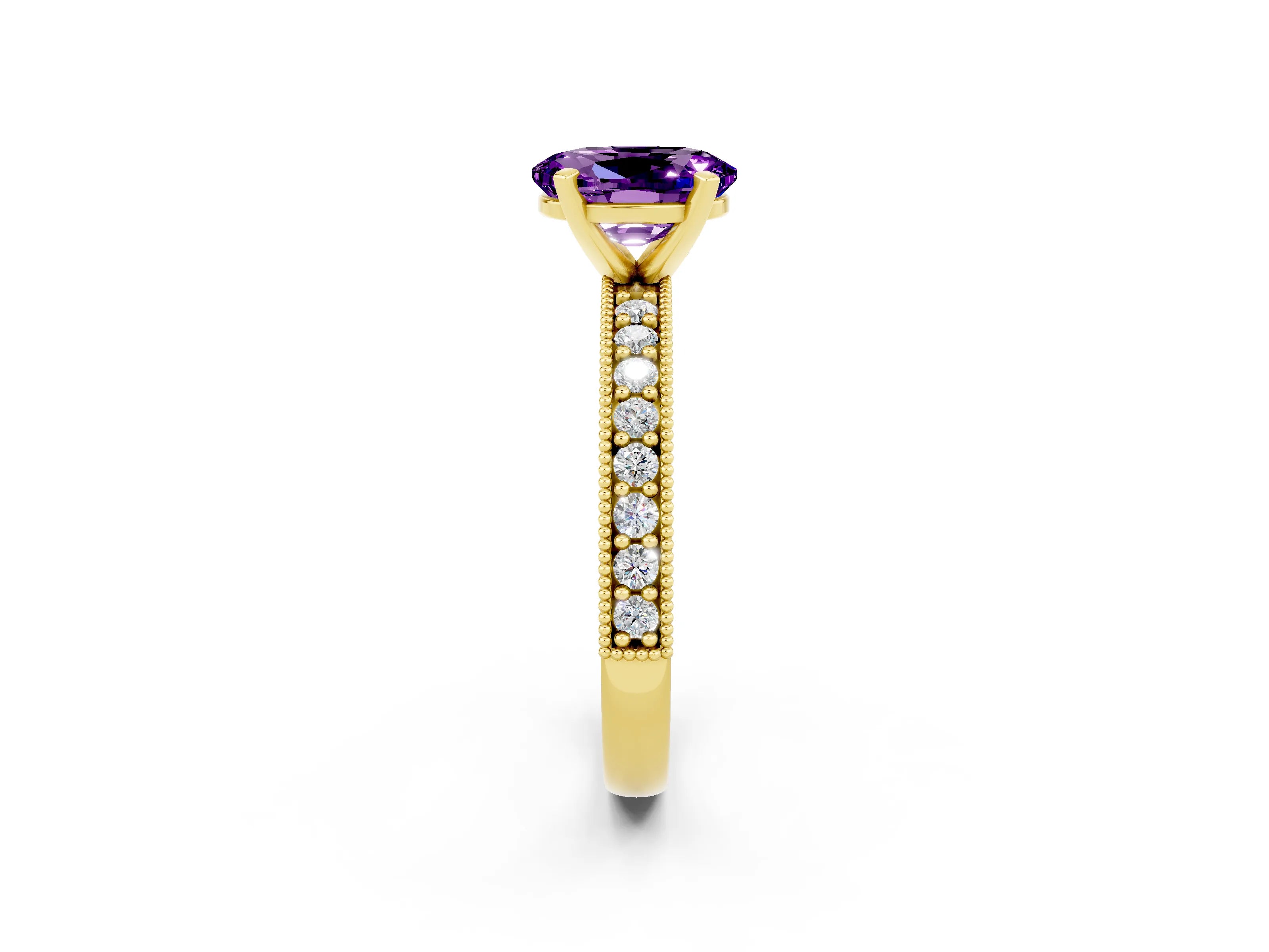 Yellow gold Oval Cut Amethyst Milgrain Pavé Engagement Ring with Four-Prong Setting_14