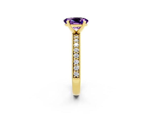 Yellow gold Oval Cut Amethyst Milgrain Pavé Engagement Ring with Four-Prong Setting