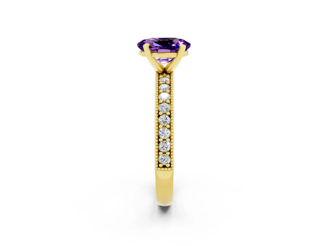Yellow gold Oval Cut Amethyst Milgrain Pavé Engagement Ring with Four-Prong Setting_14