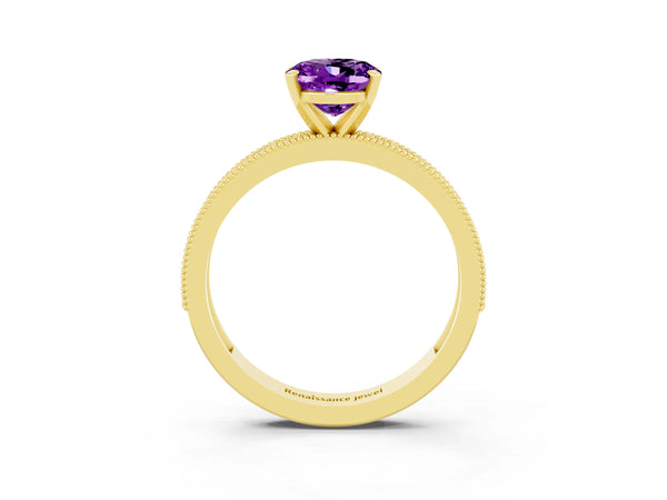 Yellow gold Oval Cut Amethyst Milgrain Pavé Engagement Ring with Four-Prong Setting