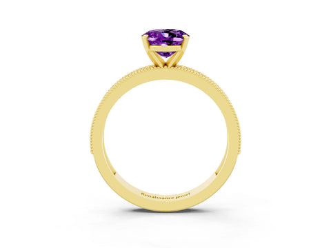 Yellow gold Oval Cut Amethyst Milgrain Pavé Engagement Ring with Four-Prong Setting_15