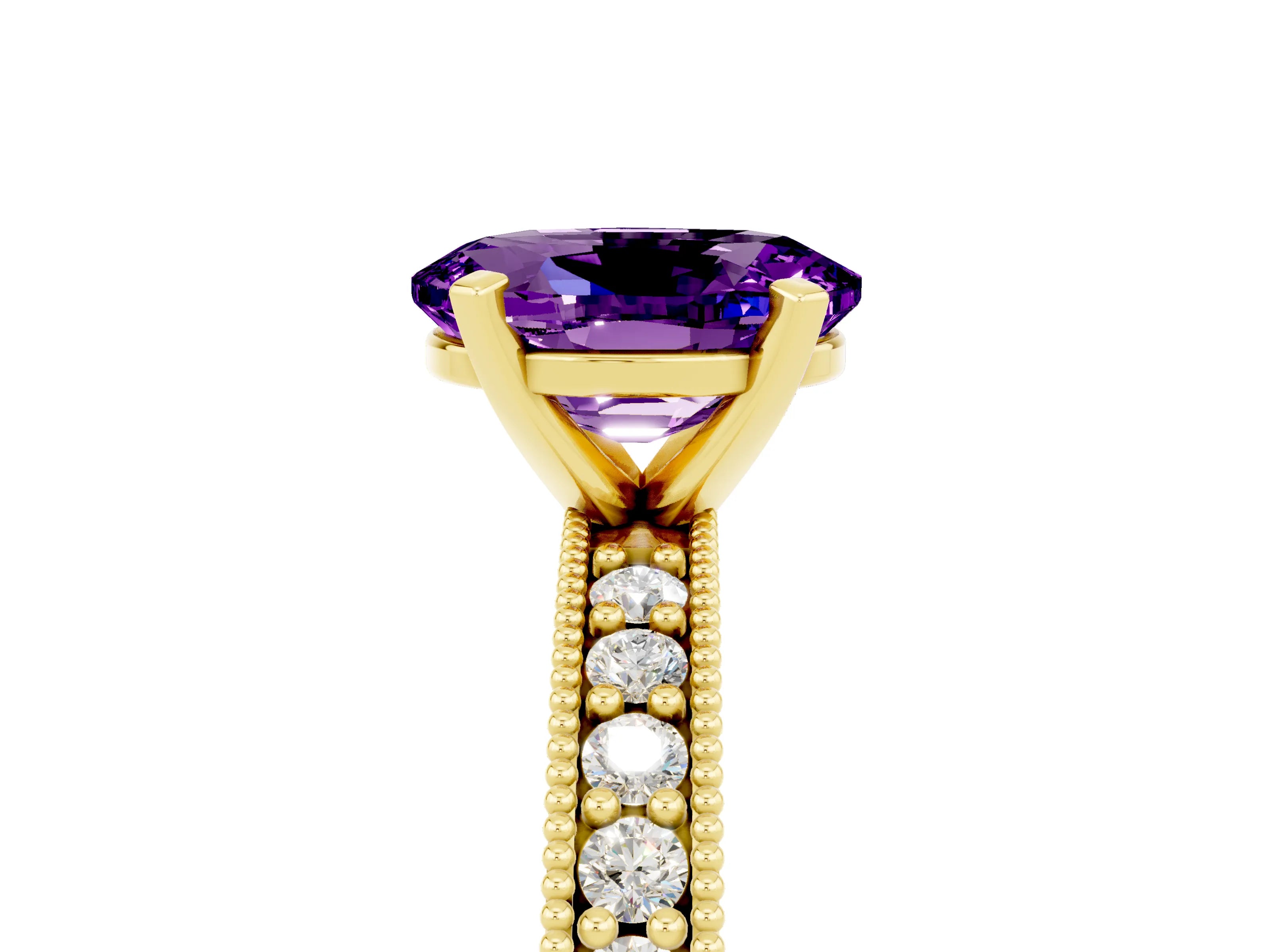 Yellow gold Oval Cut Amethyst Milgrain Pavé Engagement Ring with Four-Prong Setting_17