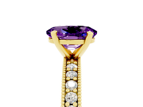 Yellow gold Oval Cut Amethyst Milgrain Pavé Engagement Ring with Four-Prong Setting_17