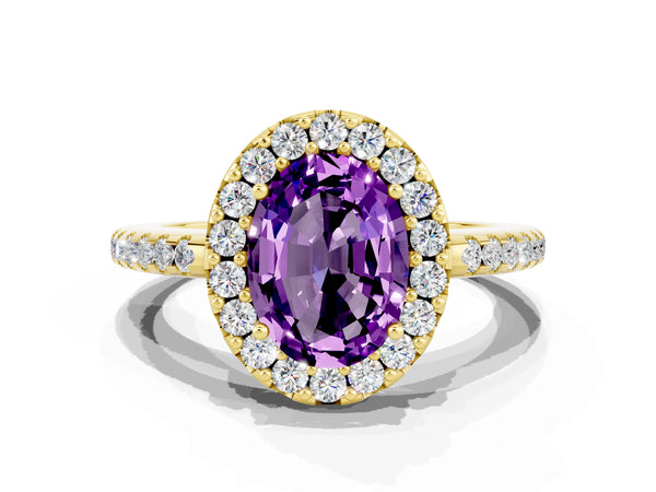 Yellow gold Oval Cut Amethyst Pavé Halo Ring with Four-Prong Setting