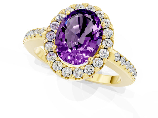 Yellow gold Oval Cut Amethyst Pavé Halo Ring with Four-Prong Setting