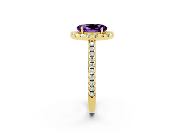 Yellow gold Oval Cut Amethyst Pavé Halo Ring with Four-Prong Setting