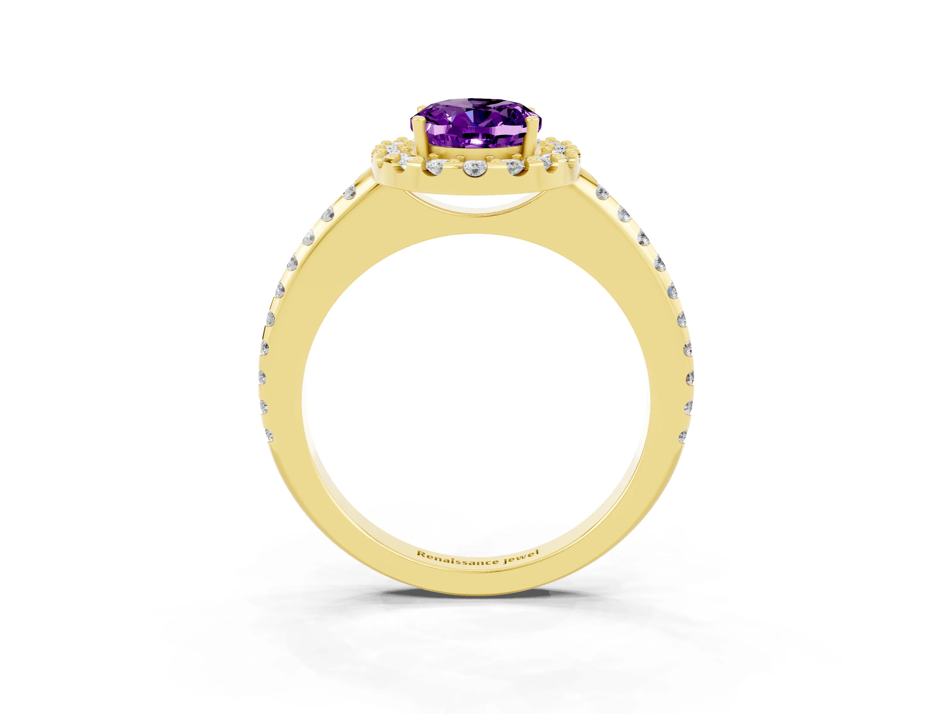 Yellow gold Oval Cut Amethyst Pavé Halo Ring with Four-Prong Setting_15
