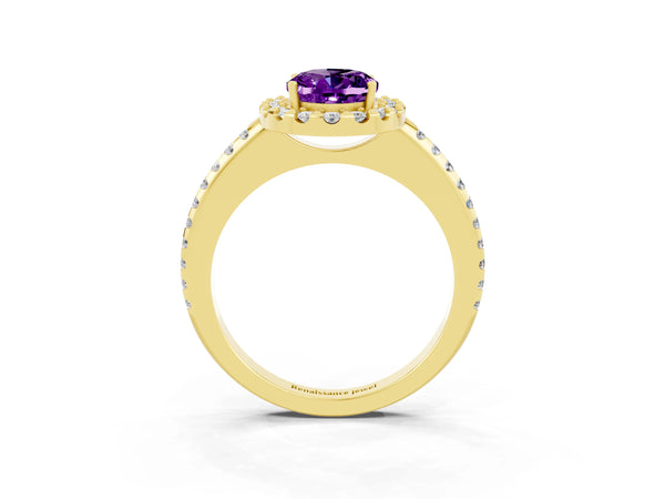 Yellow gold Oval Cut Amethyst Pavé Halo Ring with Four-Prong Setting