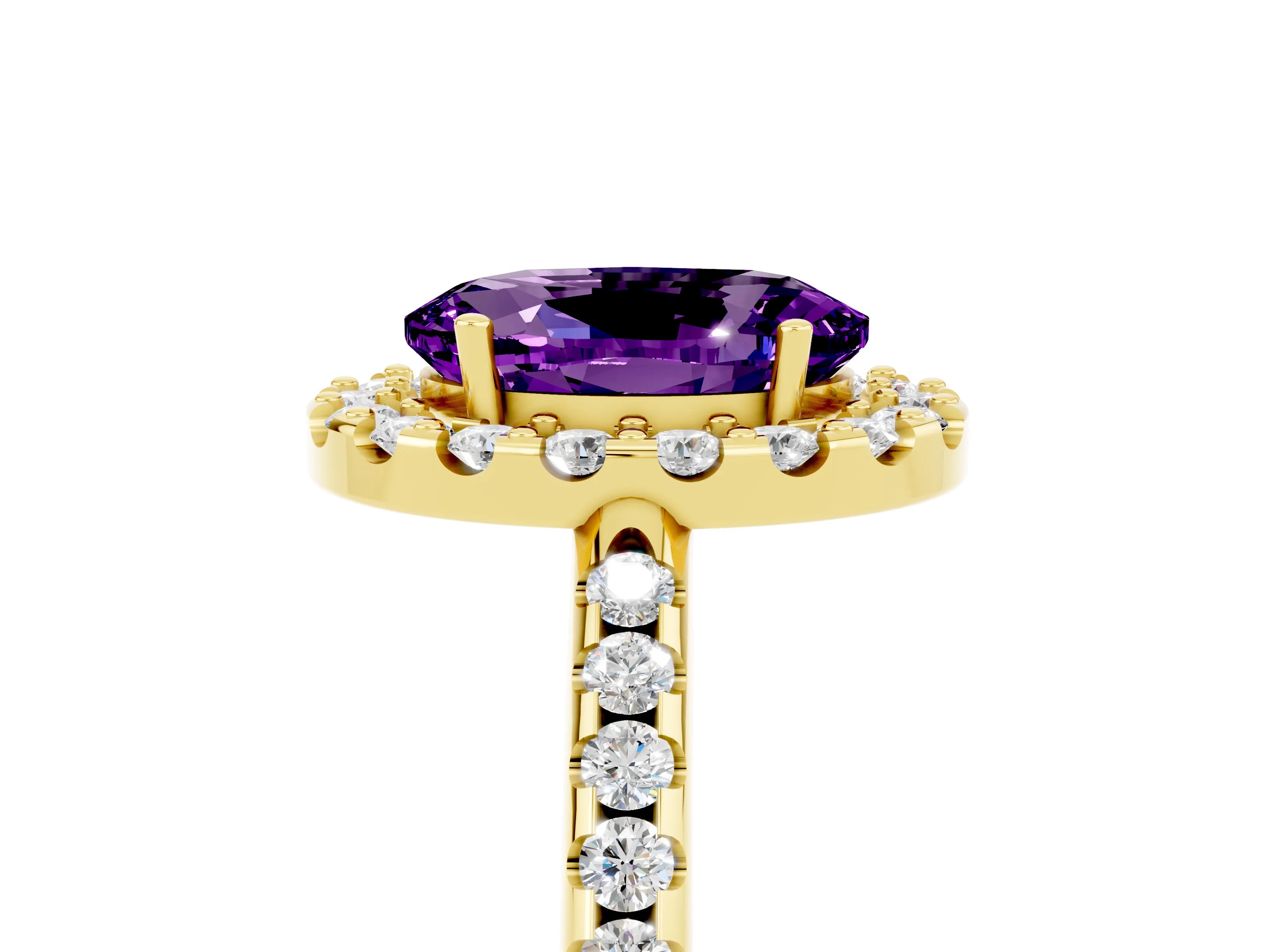 Yellow gold Oval Cut Amethyst Pavé Halo Ring with Four-Prong Setting_17