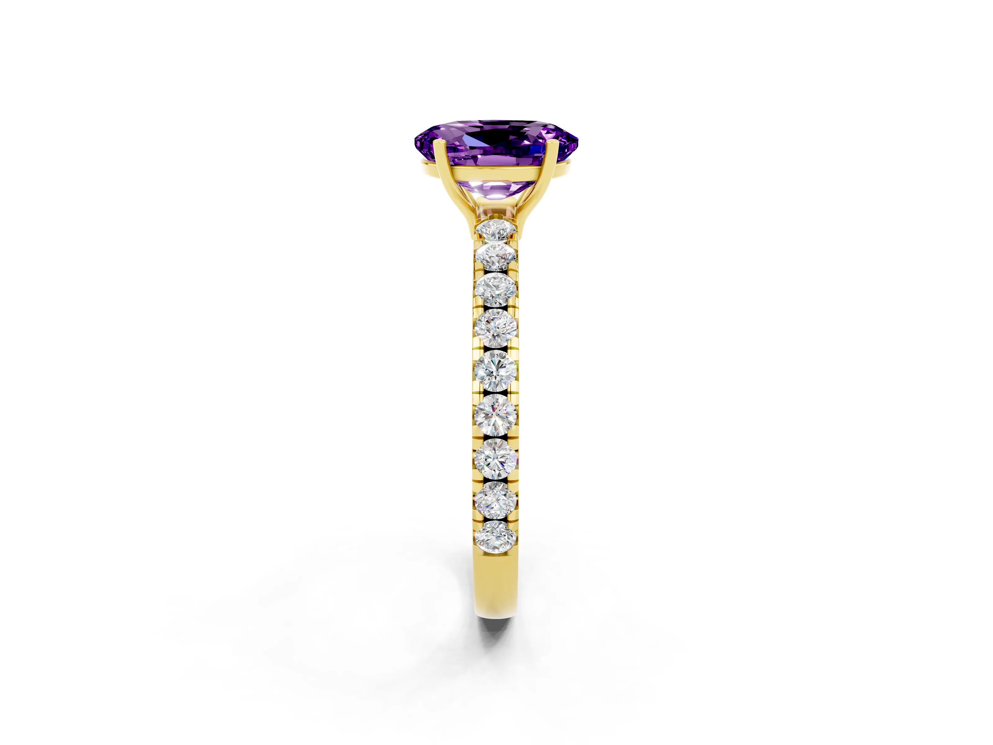 Yellow gold Oval Cut Amethyst Pavé Solitaire Engagement Ring with Four-Prong Setting_36
