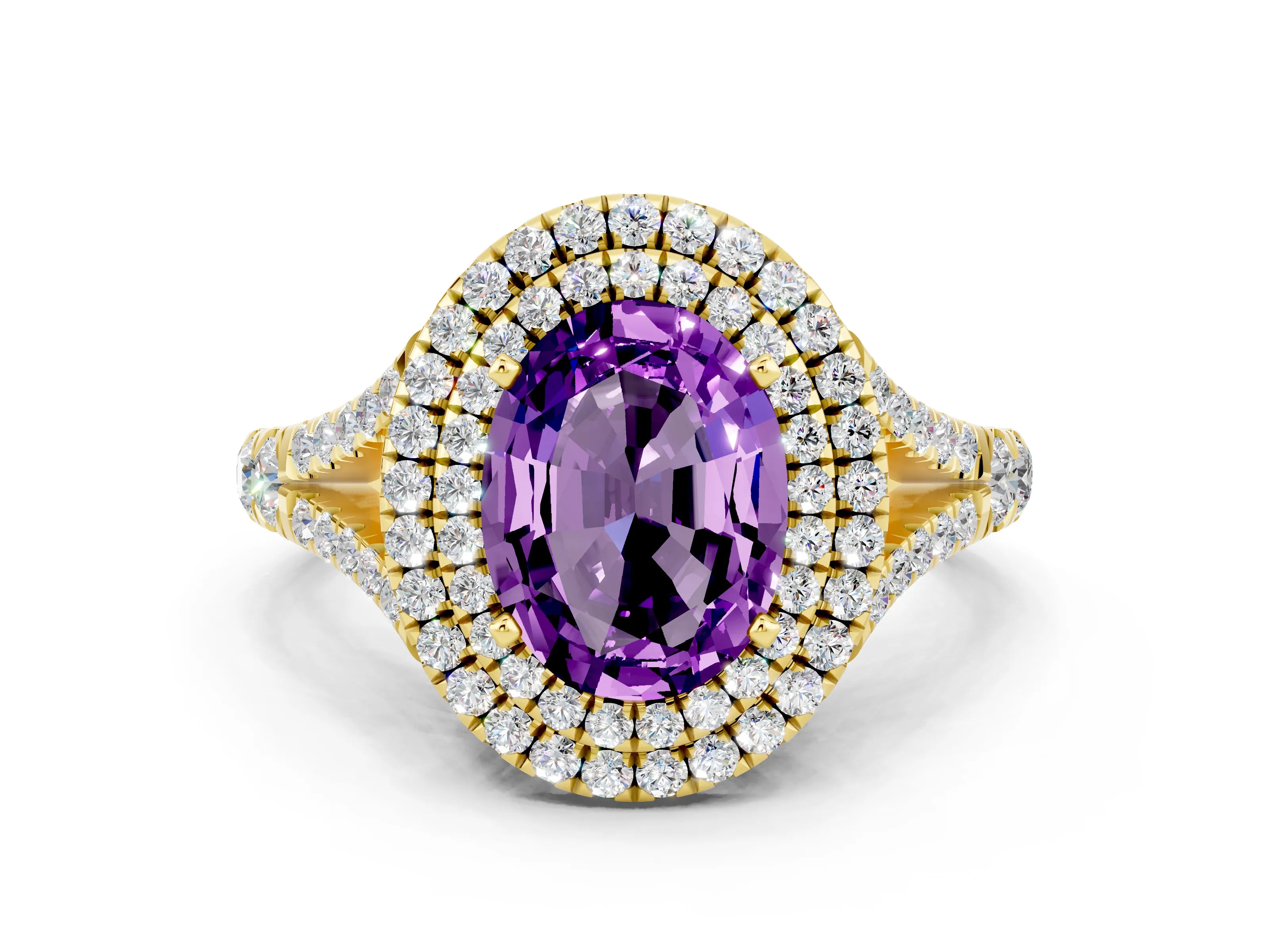 Yellow gold Oval Cut Amethyst Pavé Split Shank Double Halo Engagement Ring