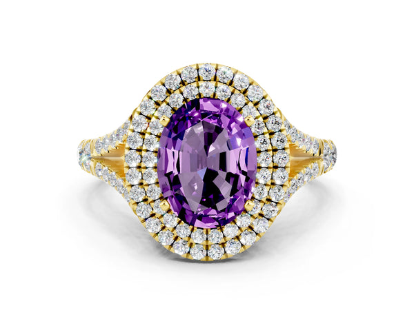 Yellow gold Oval Cut Amethyst Pavé Split Shank Double Halo Engagement Ring