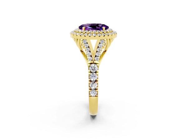 Yellow gold Oval Cut Amethyst Pavé Split Shank Double Halo Engagement Ring