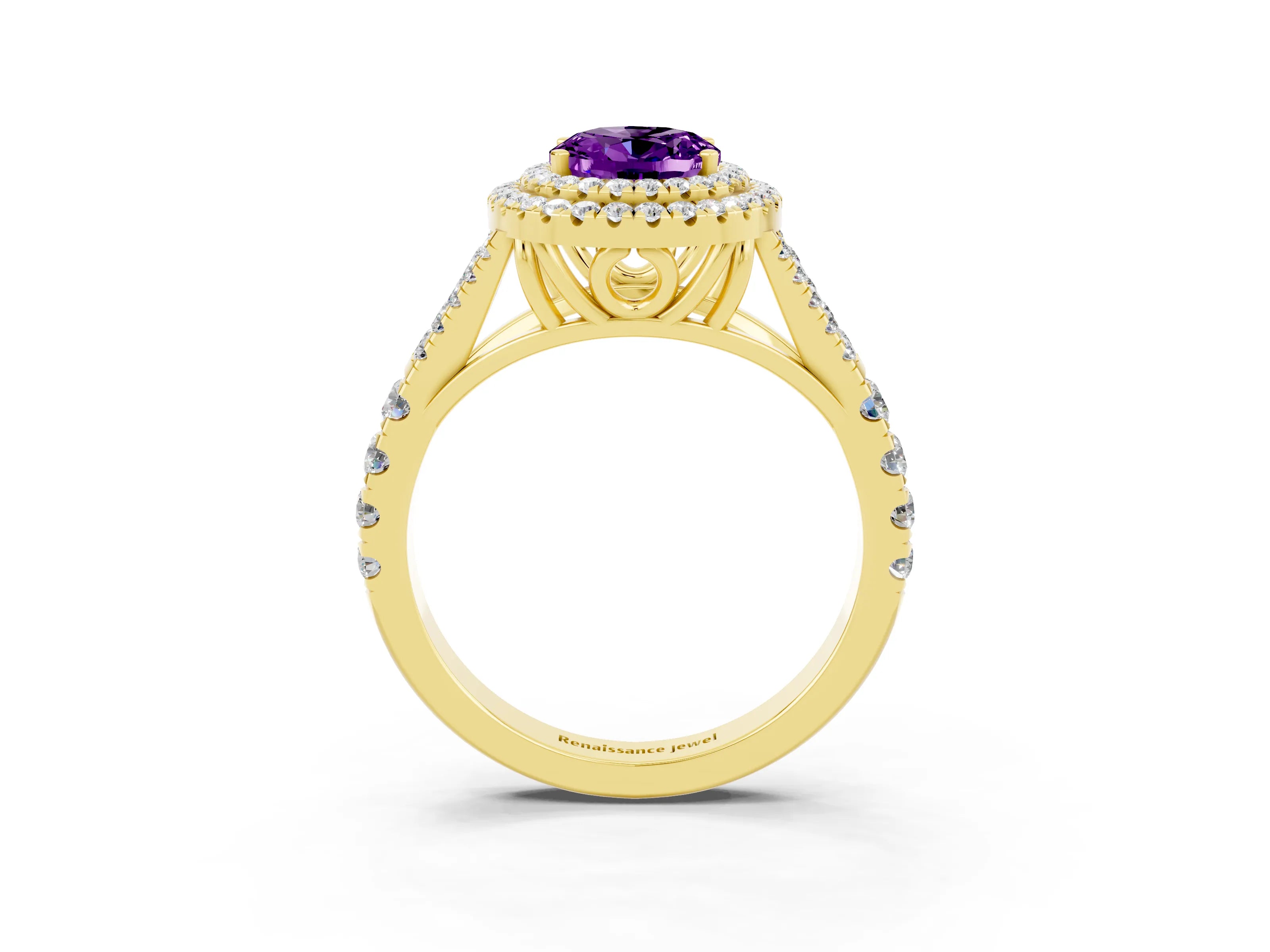 Yellow gold Oval Cut Amethyst Pavé Split Shank Double Halo Engagement Ring_3