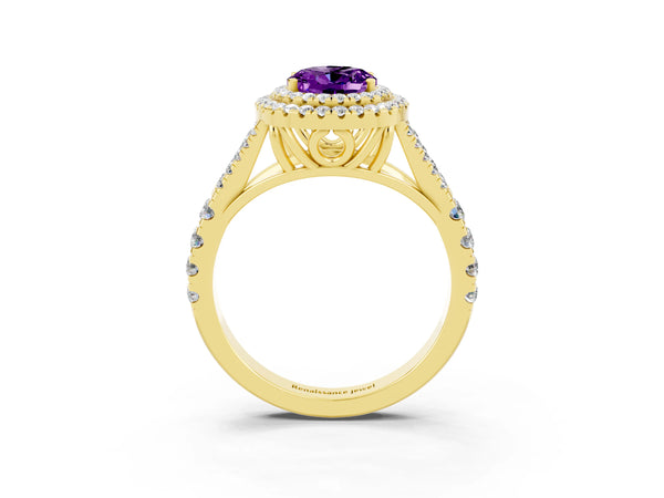 Yellow gold Oval Cut Amethyst Pavé Split Shank Double Halo Engagement Ring