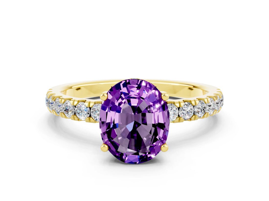 Yellow gold Oval Cut Amethyst Pave Band Solitaire Ring with Four-Prong Setting_24