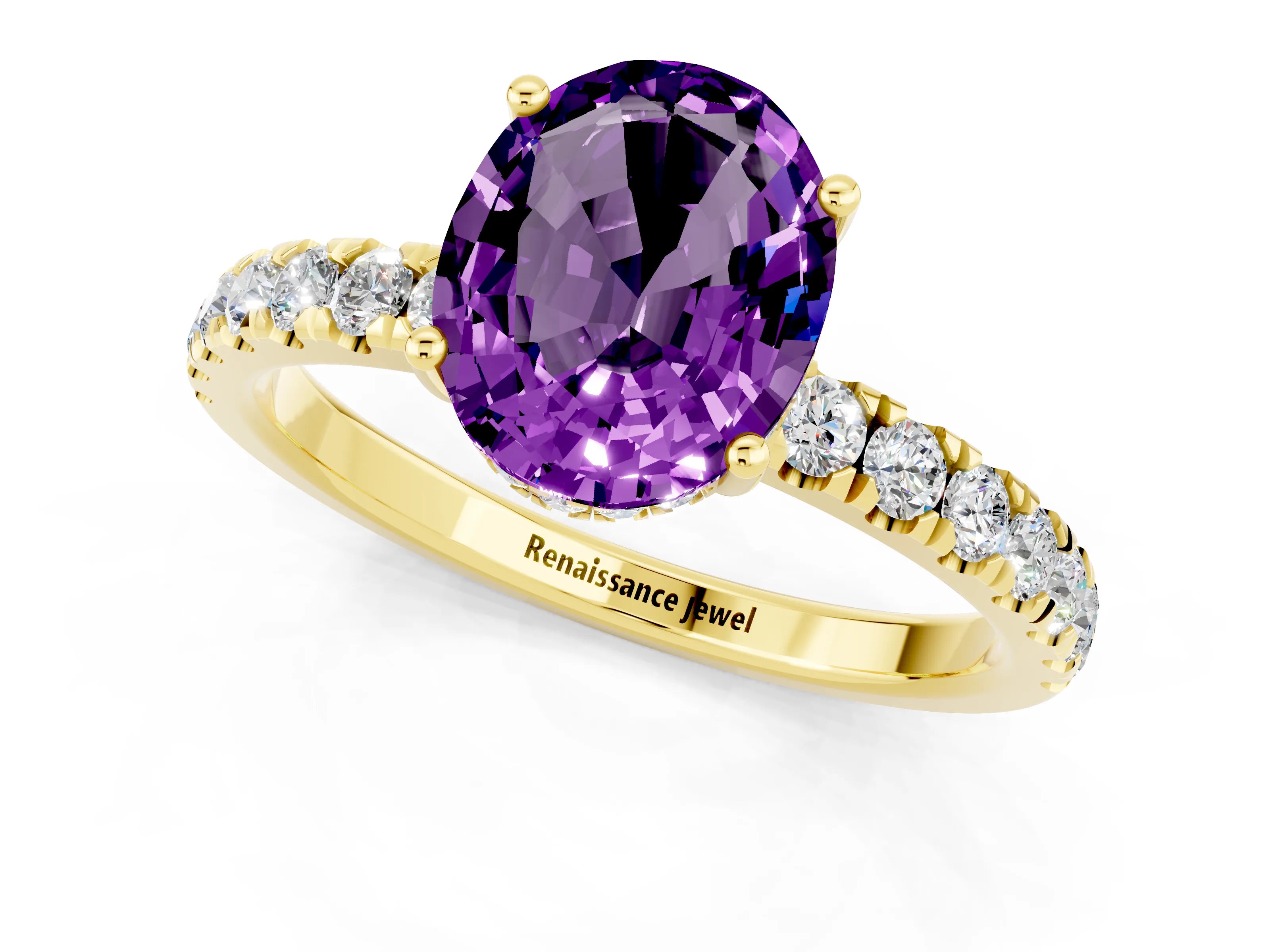 Yellow gold Oval Cut Amethyst Pave Band Solitaire Ring with Four-Prong Setting_25