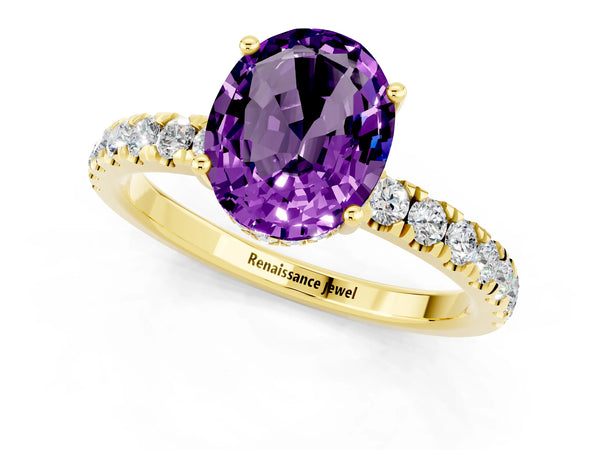 Yellow gold Oval Cut Amethyst Pave Band Solitaire Ring with Round  and Prong Setting