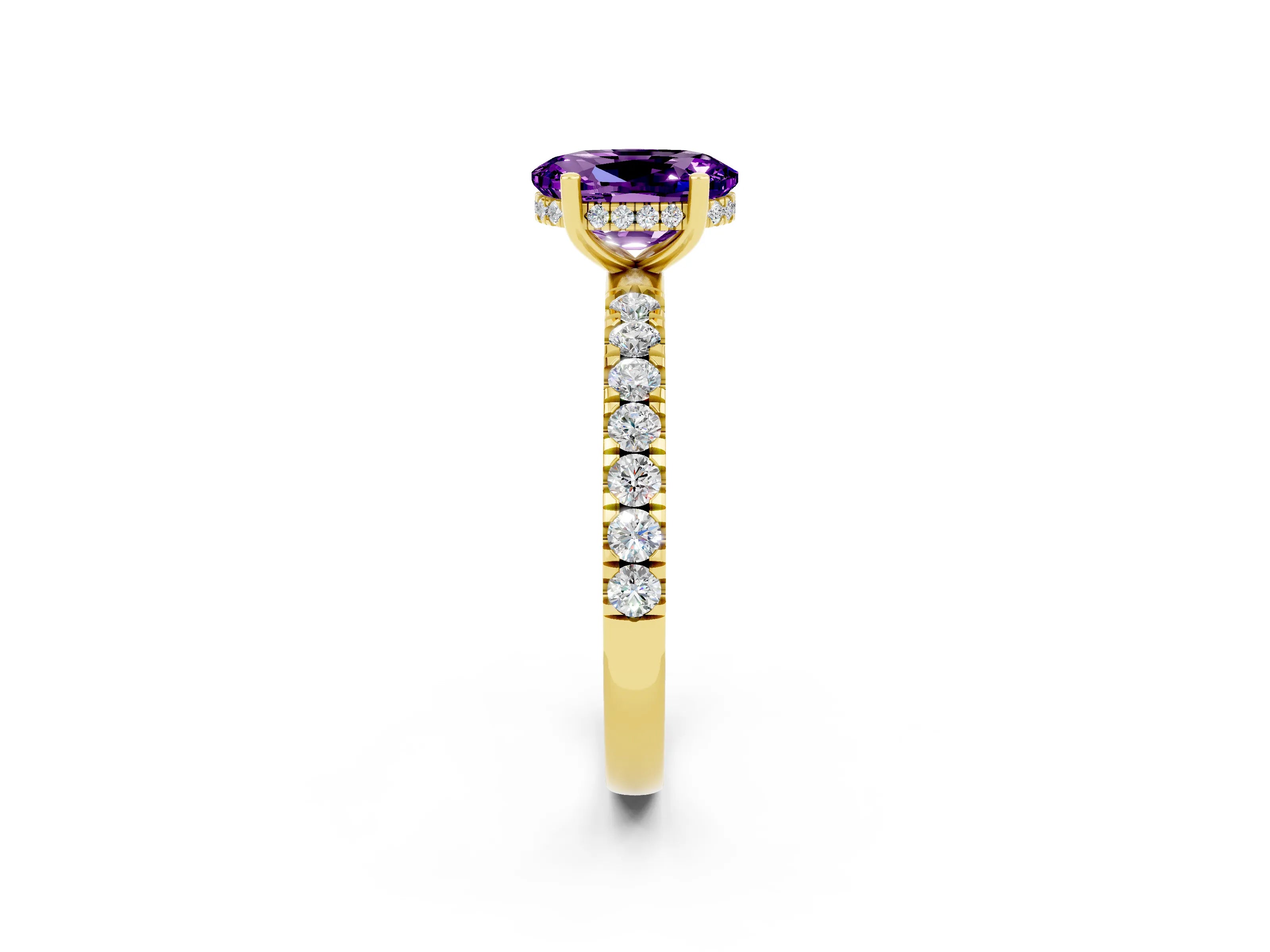 Yellow gold Oval Cut Amethyst Pave Band Solitaire Ring with Four-Prong Setting_26