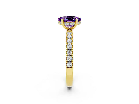 Yellow gold Oval Cut Amethyst Pave Band Solitaire Ring with Four-Prong Setting_26