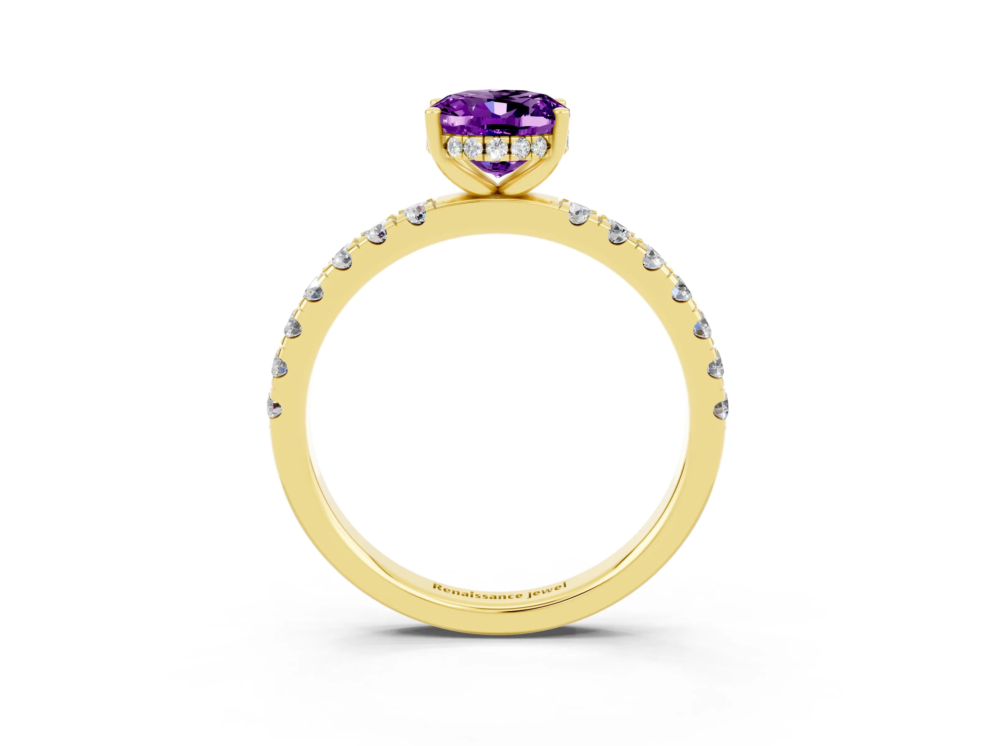 Yellow gold Oval Cut Amethyst Pave Band Solitaire Ring with Four-Prong Setting_27