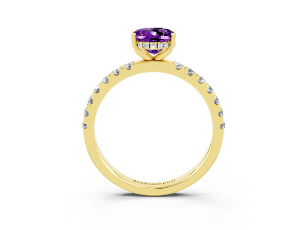 Yellow gold Oval Cut Amethyst Pave Band Solitaire Ring with Round  and Prong Setting
