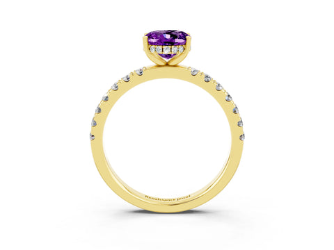 Yellow gold Oval Cut Amethyst Pave Band Solitaire Ring with Four-Prong Setting_27