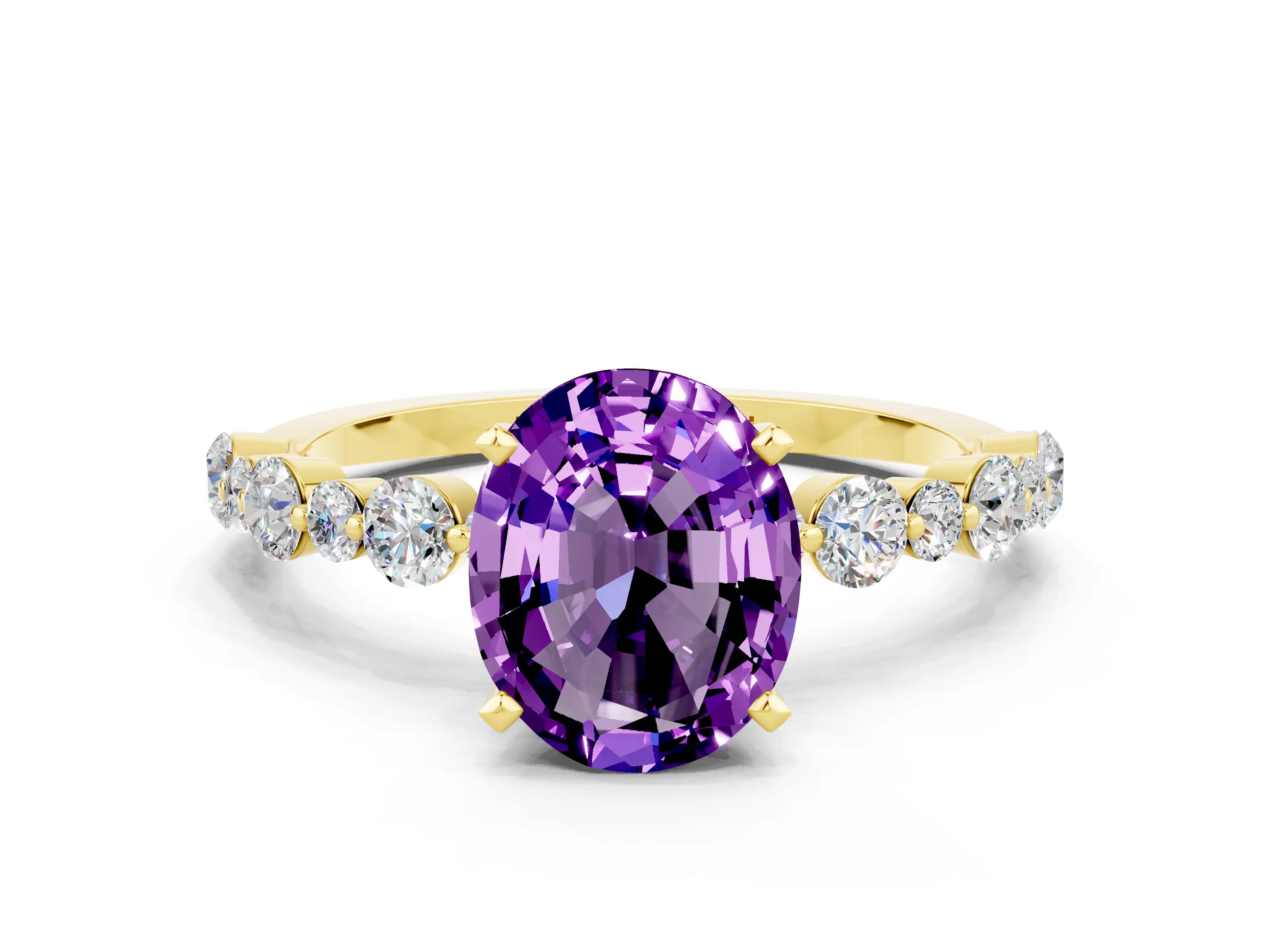 Yellow gold Oval Cut Amethyst Prong Set Engagement Ring with Pavé Band