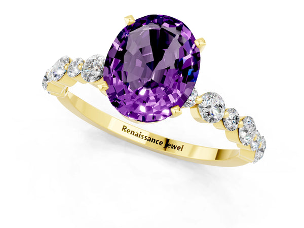 Yellow gold Oval Cut Amethyst Prong Set Engagement Ring with Pavé Band