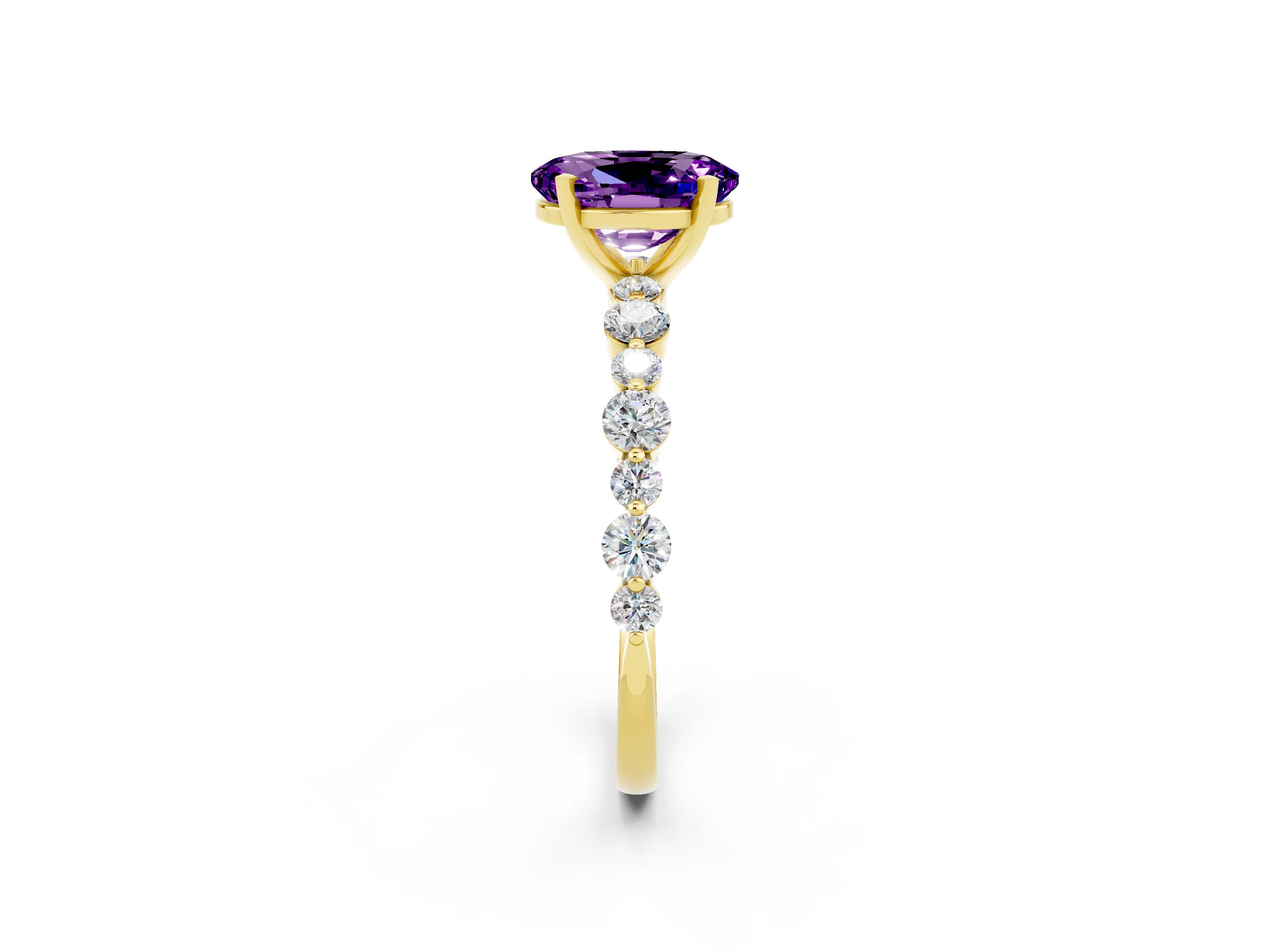 Yellow gold Oval Cut Amethyst Prong Set Engagement Ring with Pavé Band_2