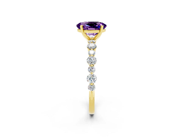 Yellow gold Oval Cut Amethyst Prong Set Engagement Ring with Pavé Band