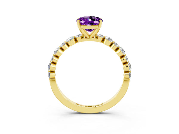 Yellow gold Oval Cut Amethyst Prong Set Engagement Ring with Pavé Band