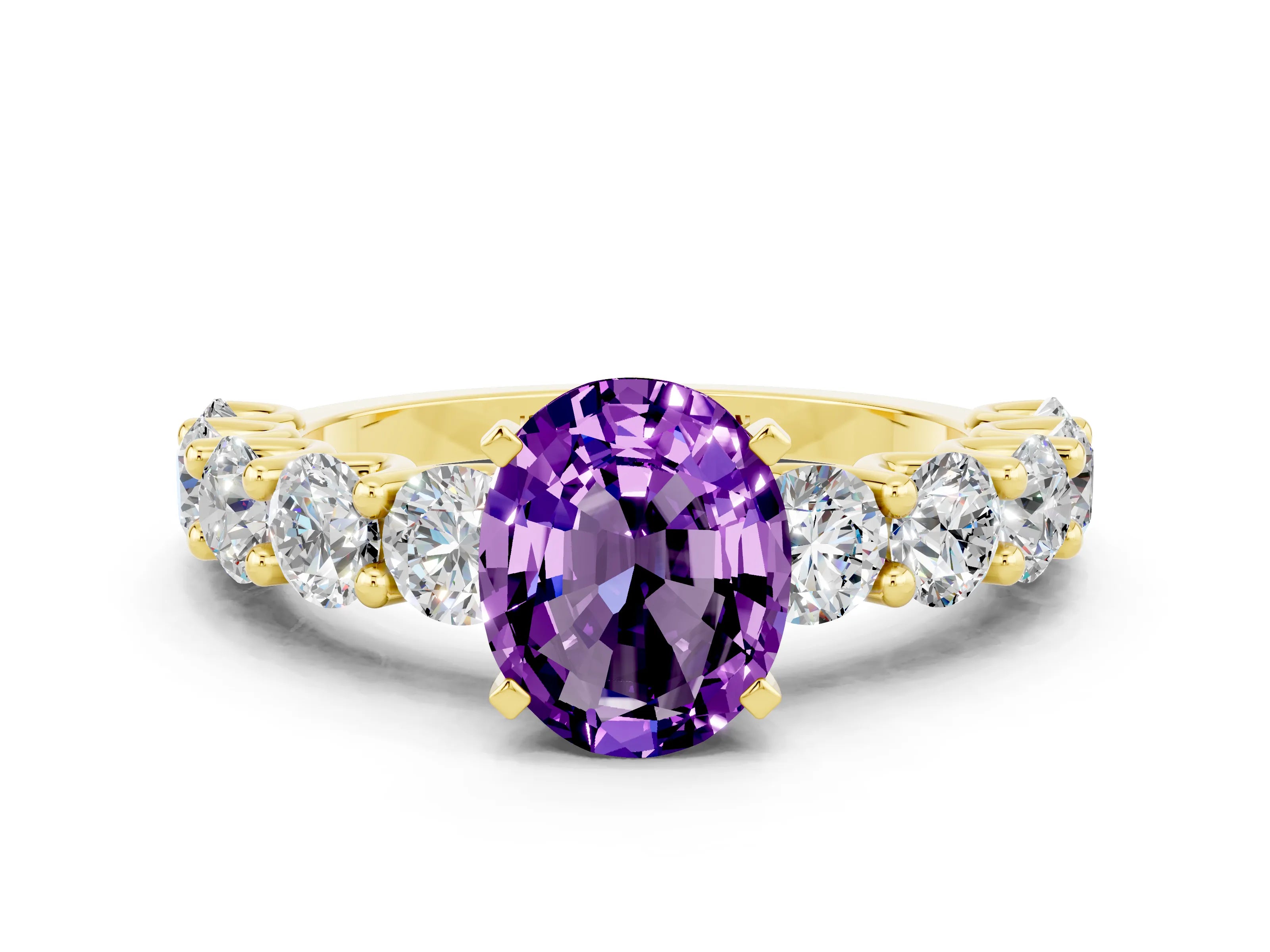Yellow gold Oval Cut Amethyst Prong Setting with Side Stones on a Pave Band