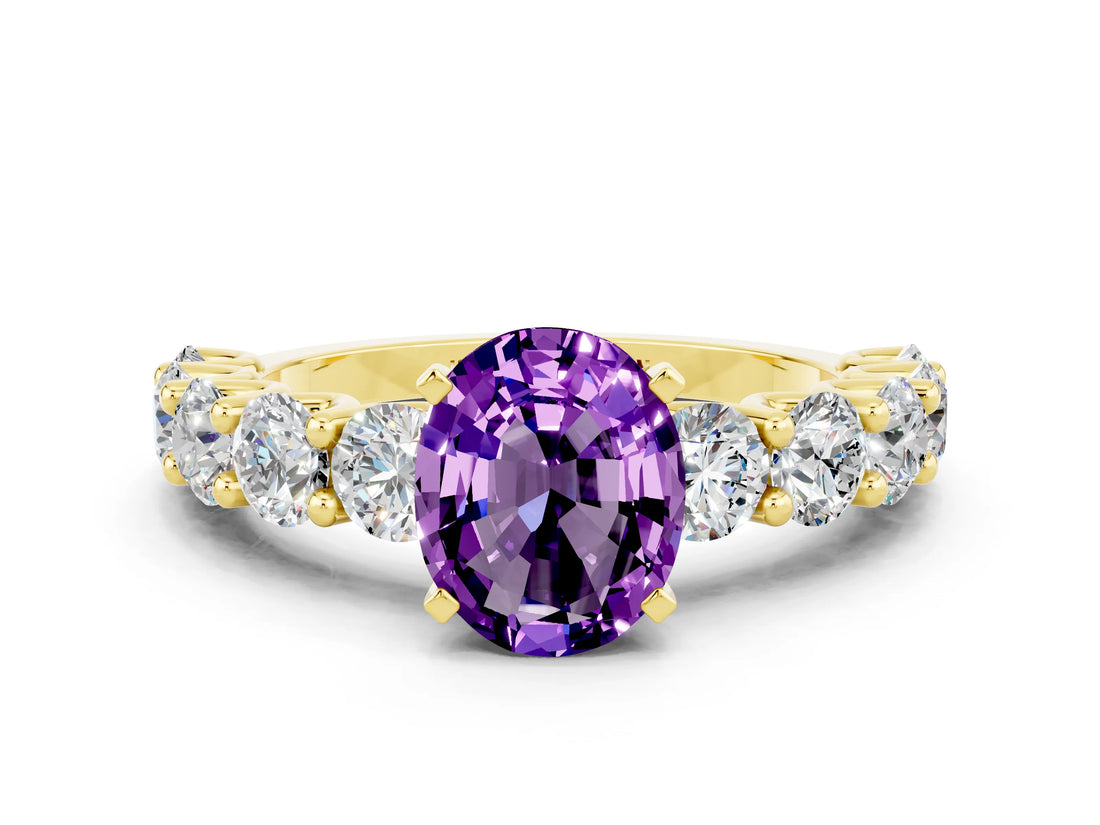 Yellow gold Oval Cut Amethyst Prong Setting with Side Stones on a Pave Band